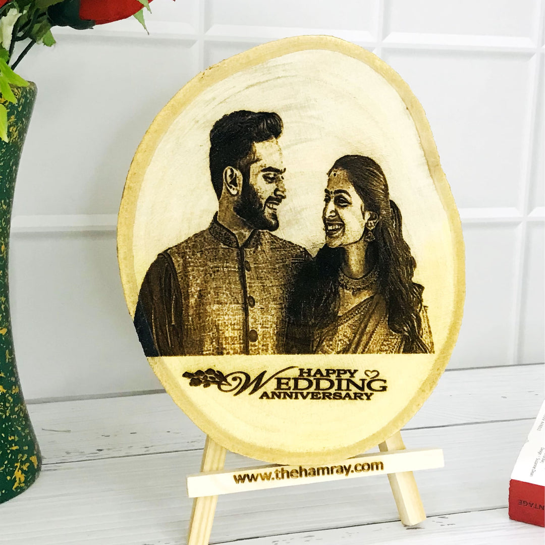 Happy Wedding Anniversary Engraved Wooden Frame - Personalized Photo & Text.