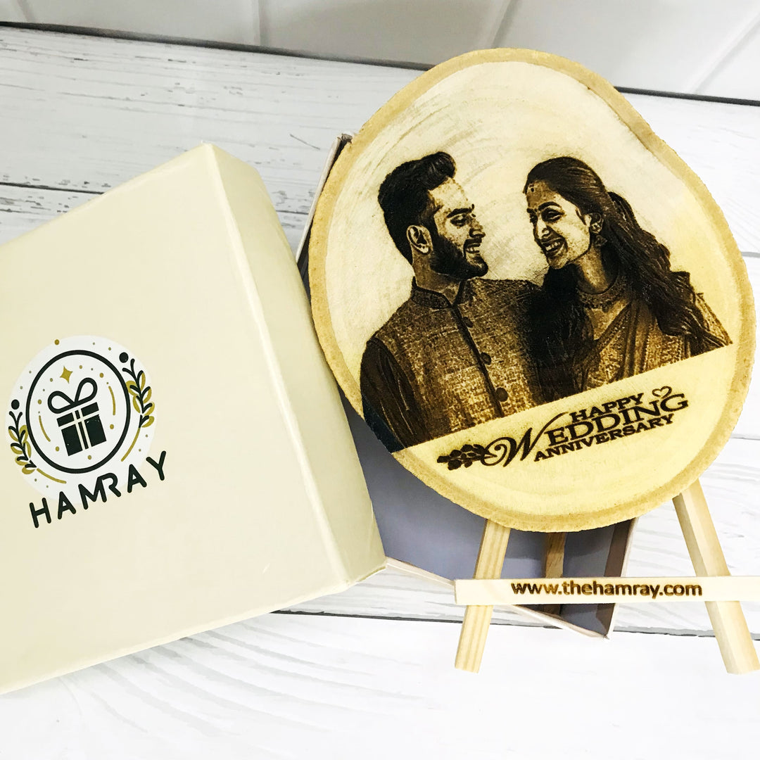 Happy Wedding Anniversary Engraved Wooden Frame - Personalized Photo & Text.